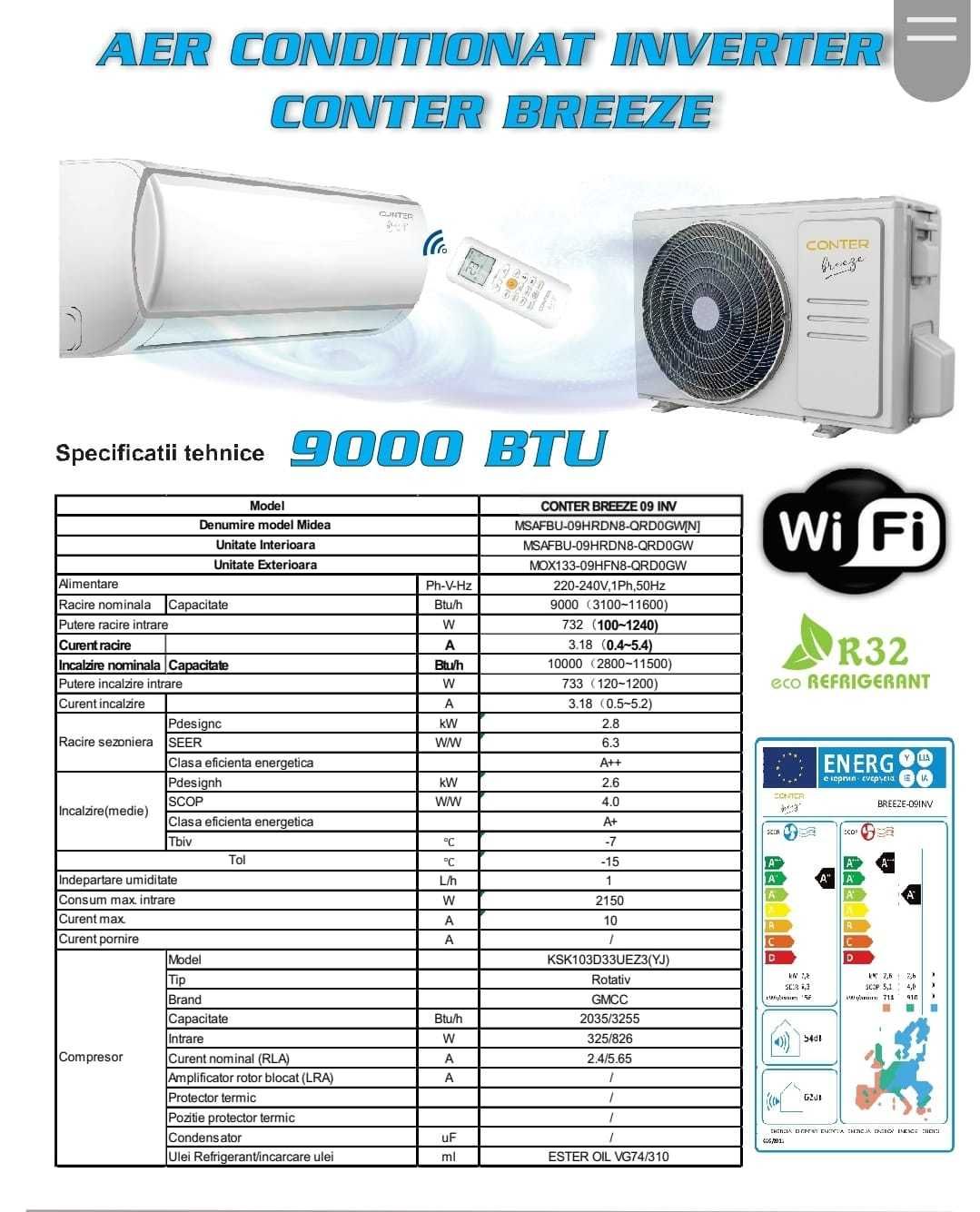 Aer conditionat inverter (cald/rece), WiFi, CONTER BREEZE 9000 BTU