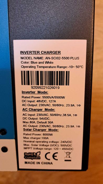 Invertor ANERN 5500W/48V cu incarcare MPPT 100A 500V