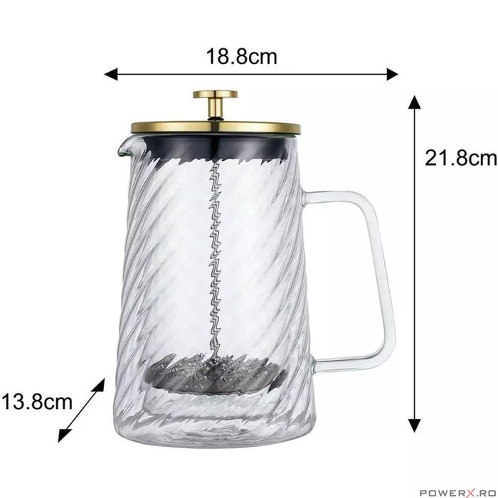 Infuzor cafea, ceai cu piston, auriu, sticla, 1L, Klausberg