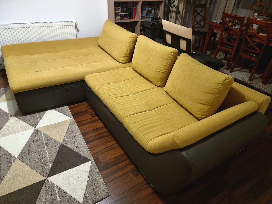 Colțar / Canapea extensibilă Ariva stânga, galben/gri, stofă/piele eco