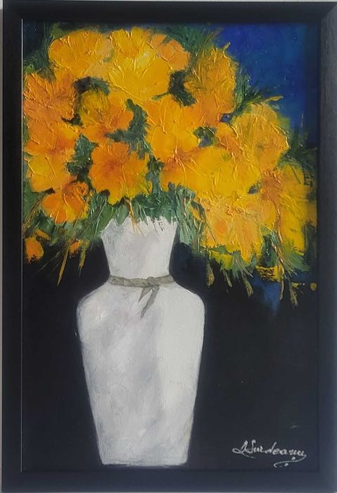 PICTURA, TABLOU nou, modern, FLORI GALBENE -, pictor roman consacrat