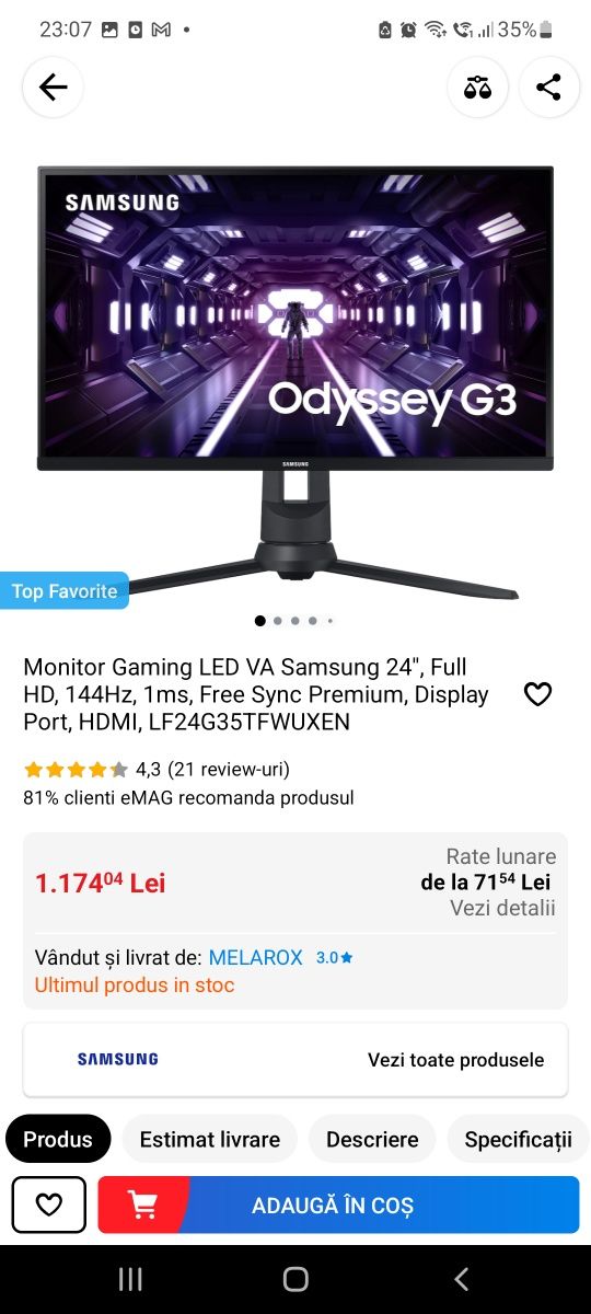 Monitor Gaming LED VA Samsung 24'', Full HD, 144Hz, 1m