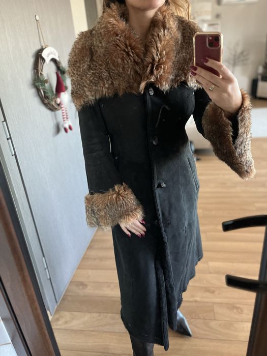 Rockeds черно кожено яке дълго палто С качулка с лисица