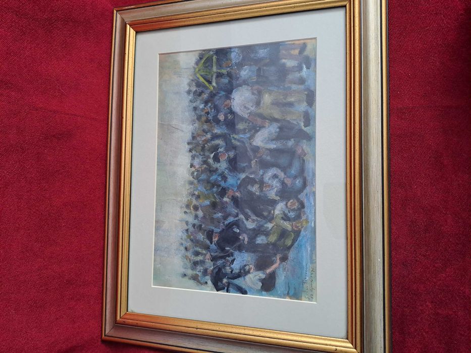 tablou romanesc pictura in acuarela 46/36 cm semnat datat 1990