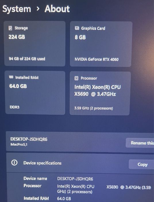 Apple Mac Pro 2 x Intel X5690 24CPUs 64GB RAM RTX 4060 SSD 250GB 4TB