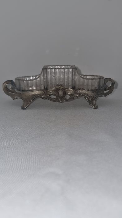 Suport vintage condimente Art Nouveau metal si sticla