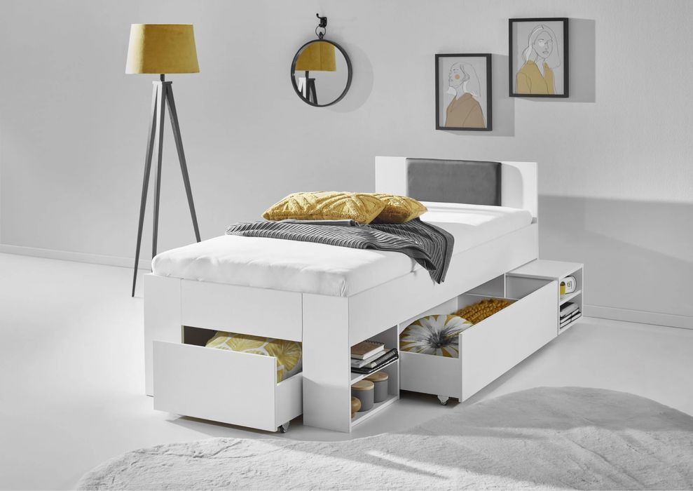 Pat single Relita – cu sertare mari, noptieră pe roți