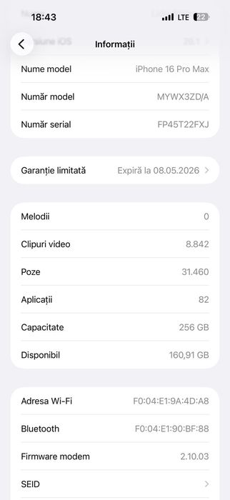 iPhone 16 Pro Max 256 GB Rose Gold Garantie 05.2026 Cicluri 98