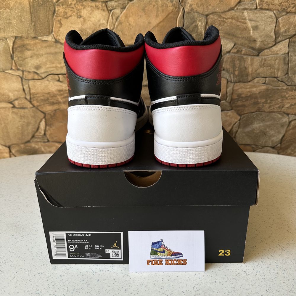 Air Jordan 1 Mid Black Toe White Gym Red 43