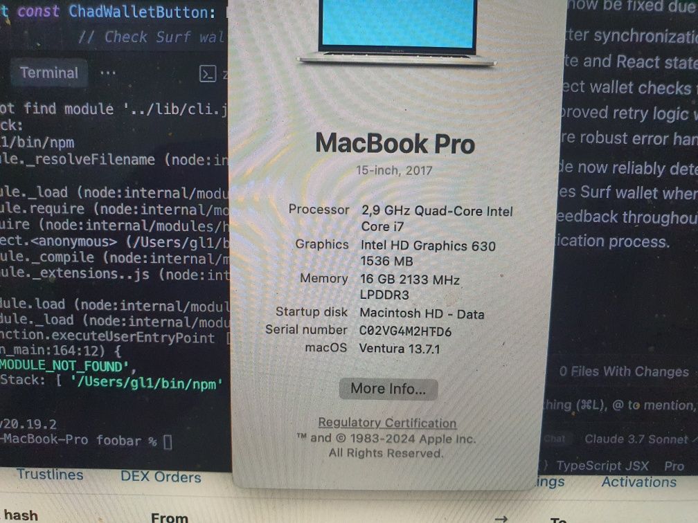 Macbook Pro 15’ 2017 / Intel Core i7 2.9Ghz/ 16GB LPDDR3 2133Mhz / 512
