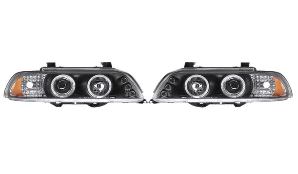 Set faruri Bmw Seria 5 (E39), 01.1996-06.2004, stanga+dreapta, Tuning, Fata, cu lumina parcare fibra optica; tip bec H1+H1; manual; negru, transparent; tuning,