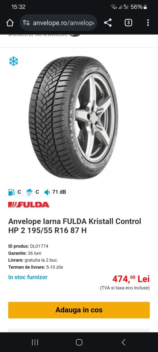 Set 4 x Anvelope iarna 195/55/R16 Fulda Kristall Control HP 2 DOT 2022