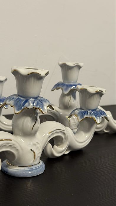 Suport lumanari din portelan albastru / stesnic vintage