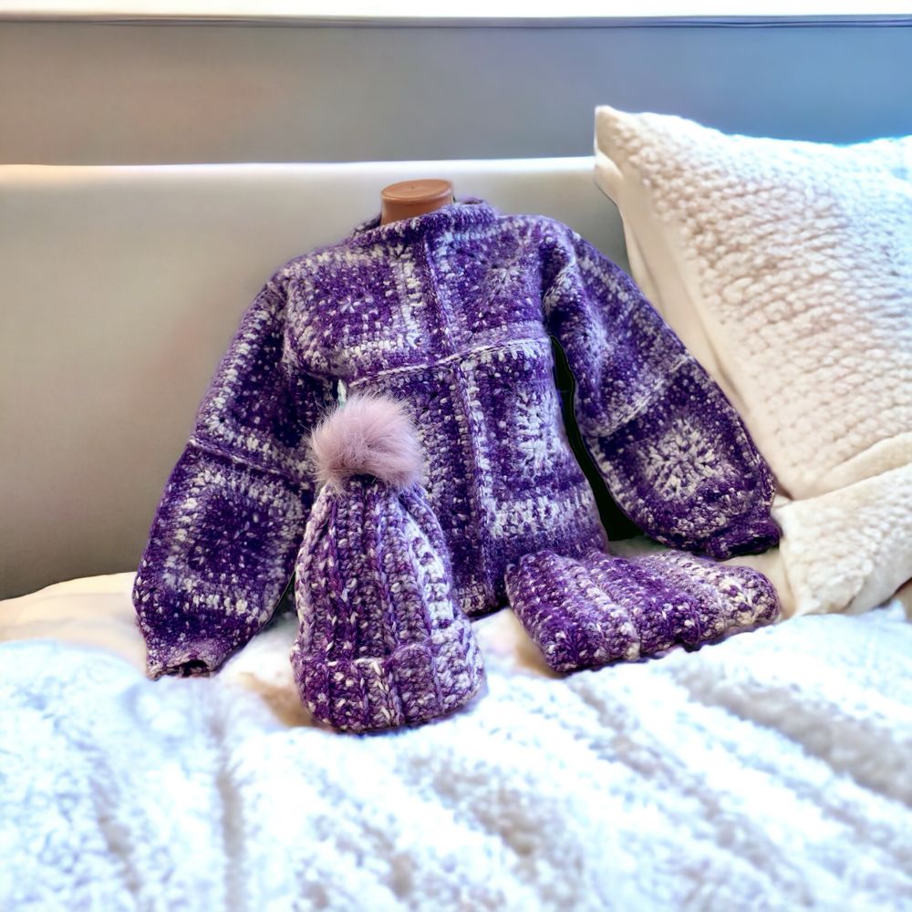 Пуловер + комплект шал и шапка ръчно плетени