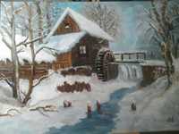 Iarna la moară, tablou pictat în ulei pe pânză