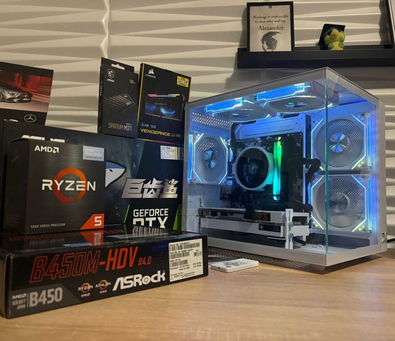 Бял геймърски компютър Ryzen 5600, RTX3060, 16 ram, 512 ssd, 1TB, 650W