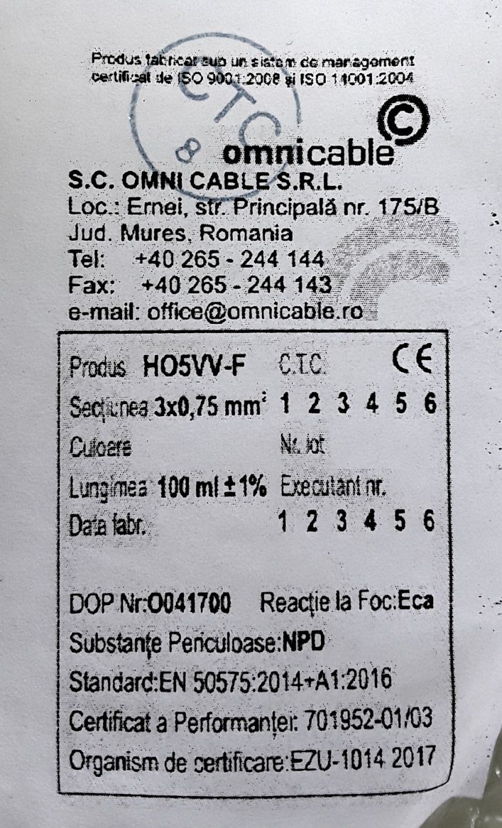 Cablu electric 3 x 0,75 mm litat din Cupru ROMÂNIA - 1,95 Lei/ml
