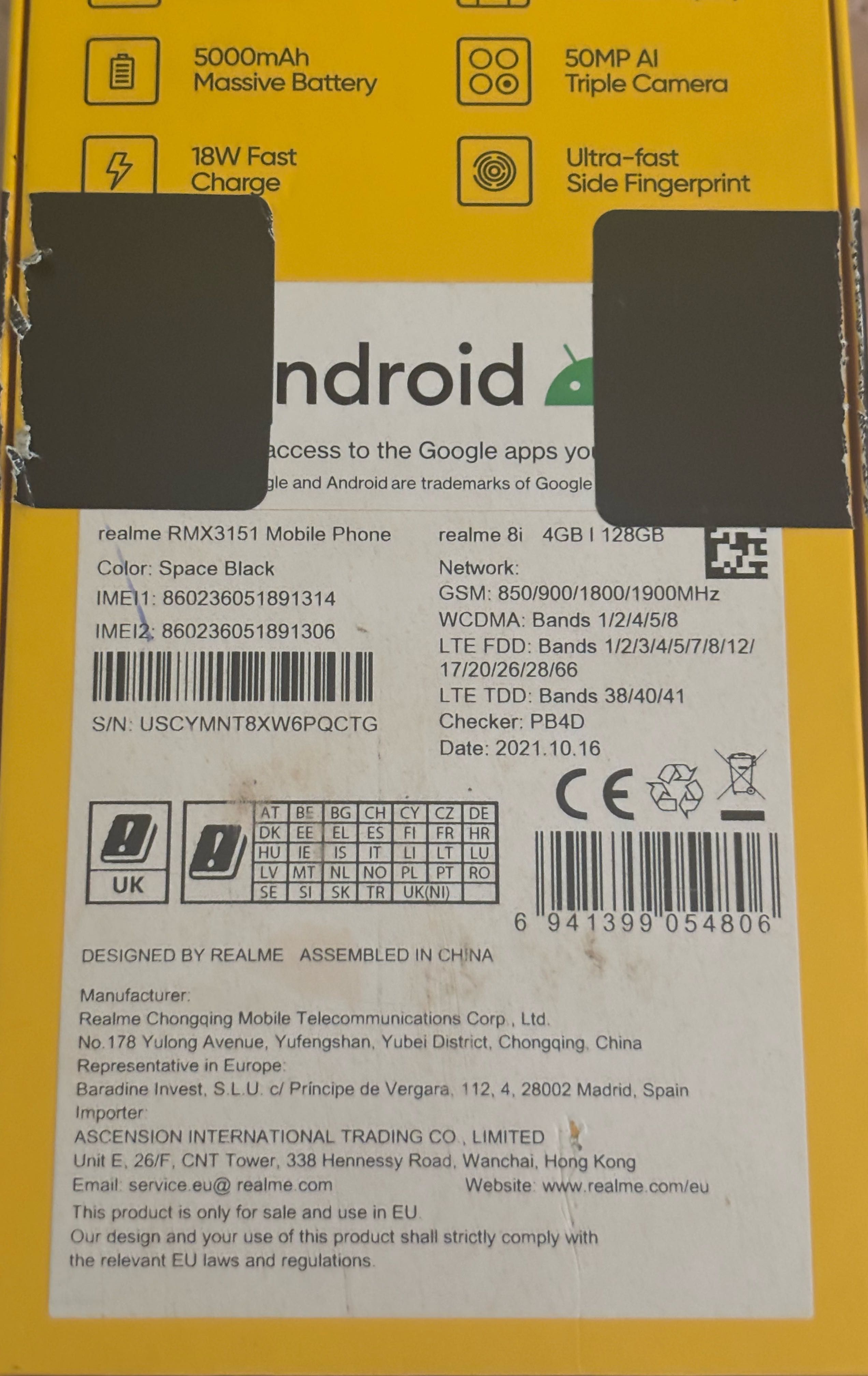 Смартфон Realme 8i, Dual SIM, 128GB, 4GB RAM, 4G,