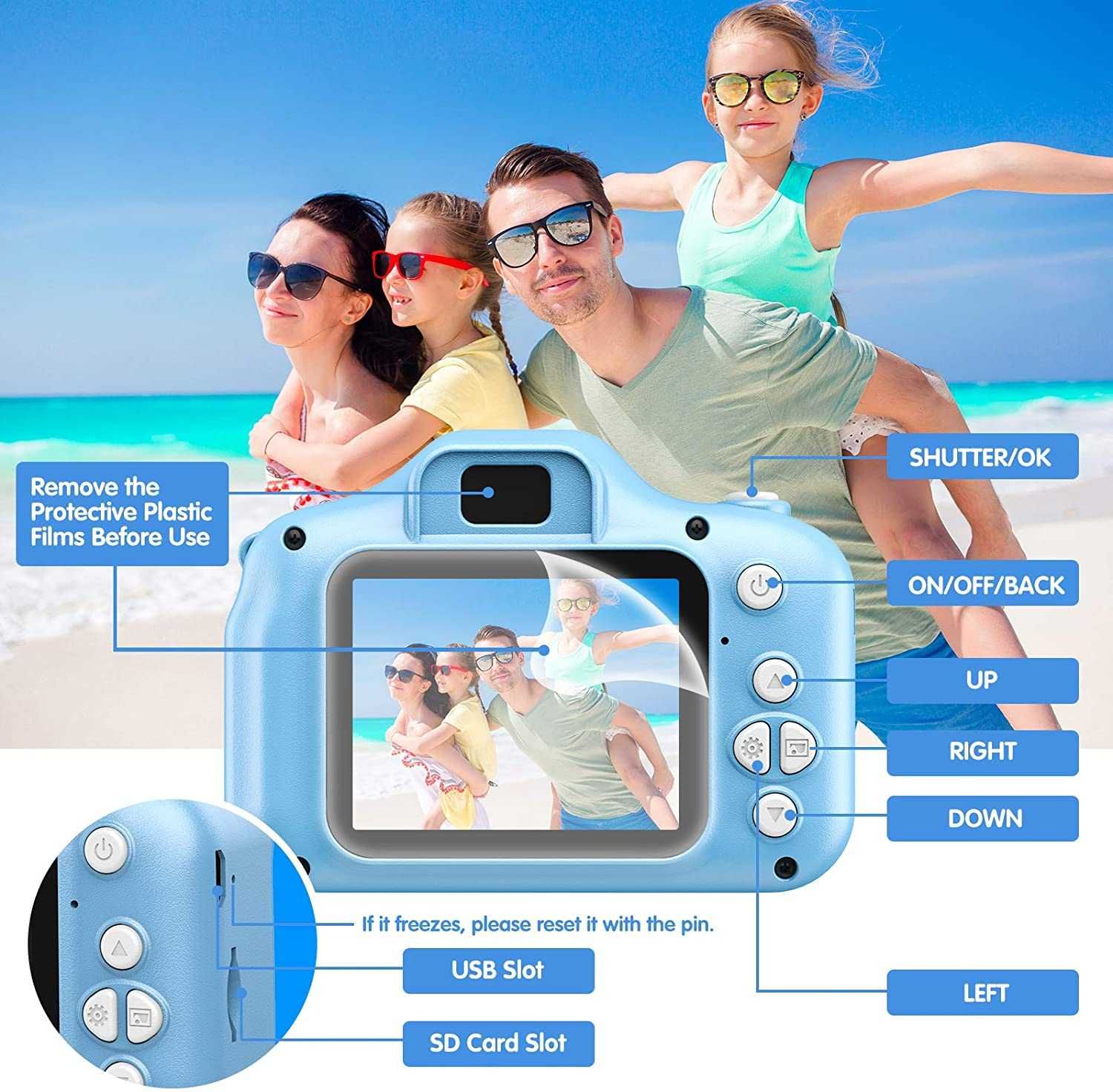 Дигитален детски фотоапарат STELS W300, 64GB SD, Игри, Розов/Син/Зелен