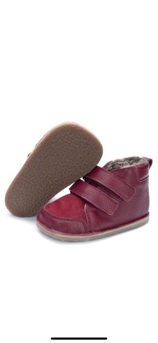 Ghete copii barefoot, piele naturala, blana, grena/velur, 21 EU