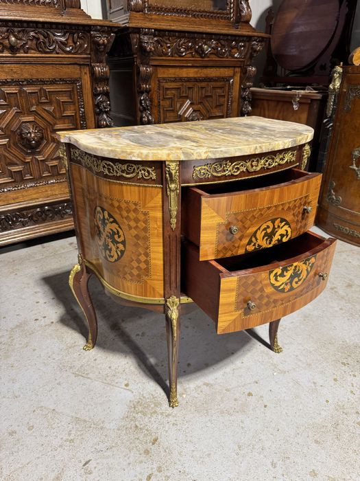 Comodina Louis XVI din lemn masiv, cu blat marmura, intarsii si bronz