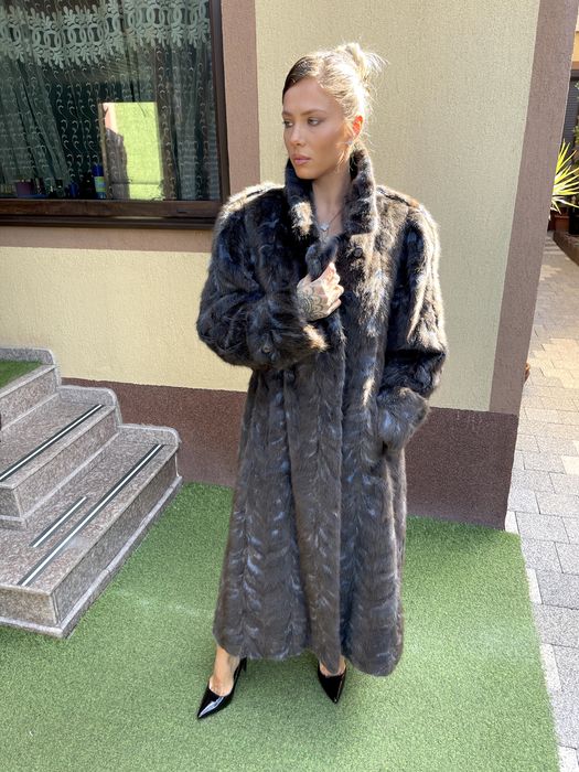 Haina lunga din blana naturala de vizon gri cu baby blue