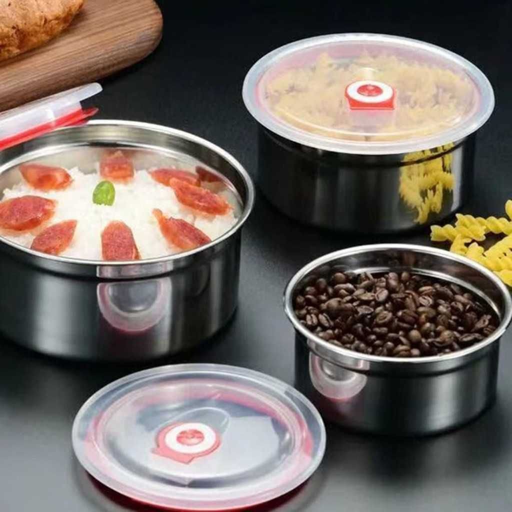 Комплект, от три броя кутии, за съхранение, от неръждаема стомана.