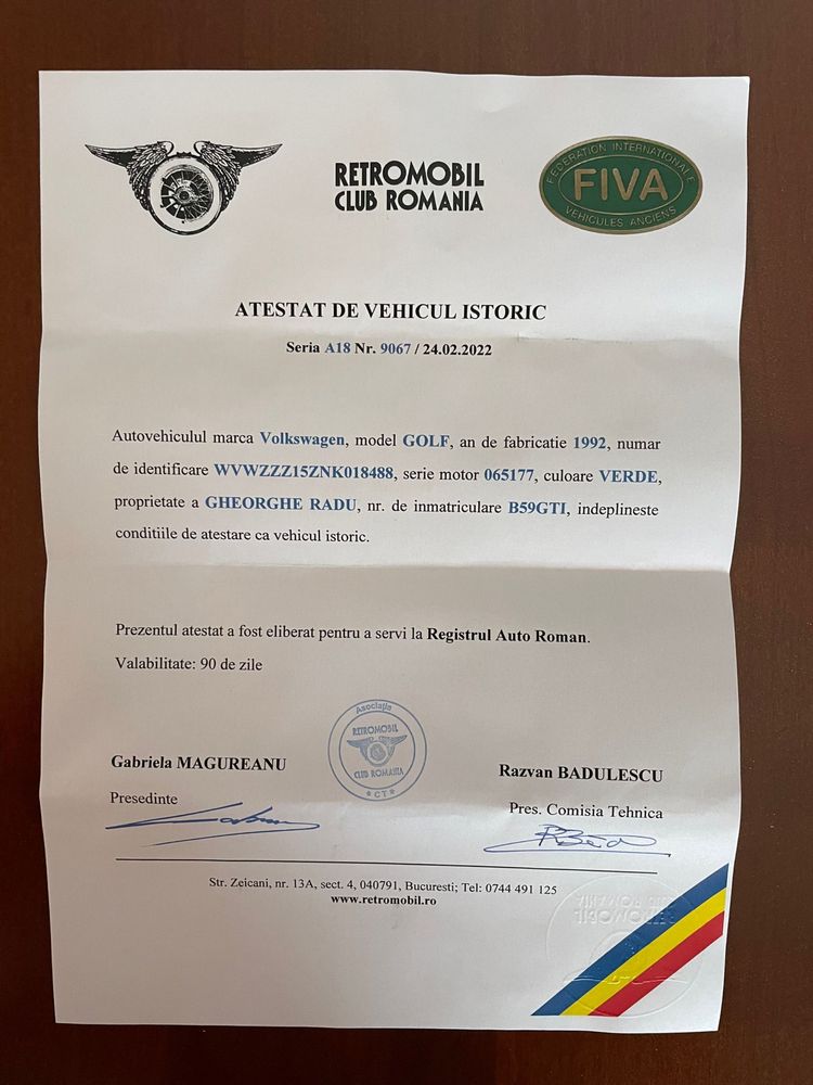 Se vinde VW Golf stare exceptionala certificat Retromobil Club Romania