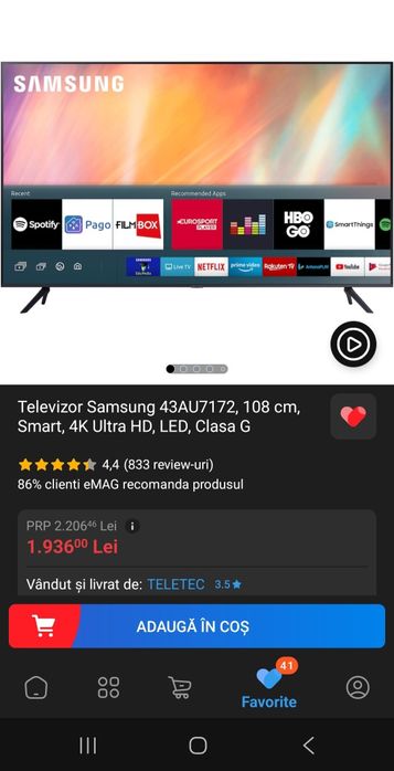 Televizor Smart Samsung 4K, 108cm, 43AU7172,