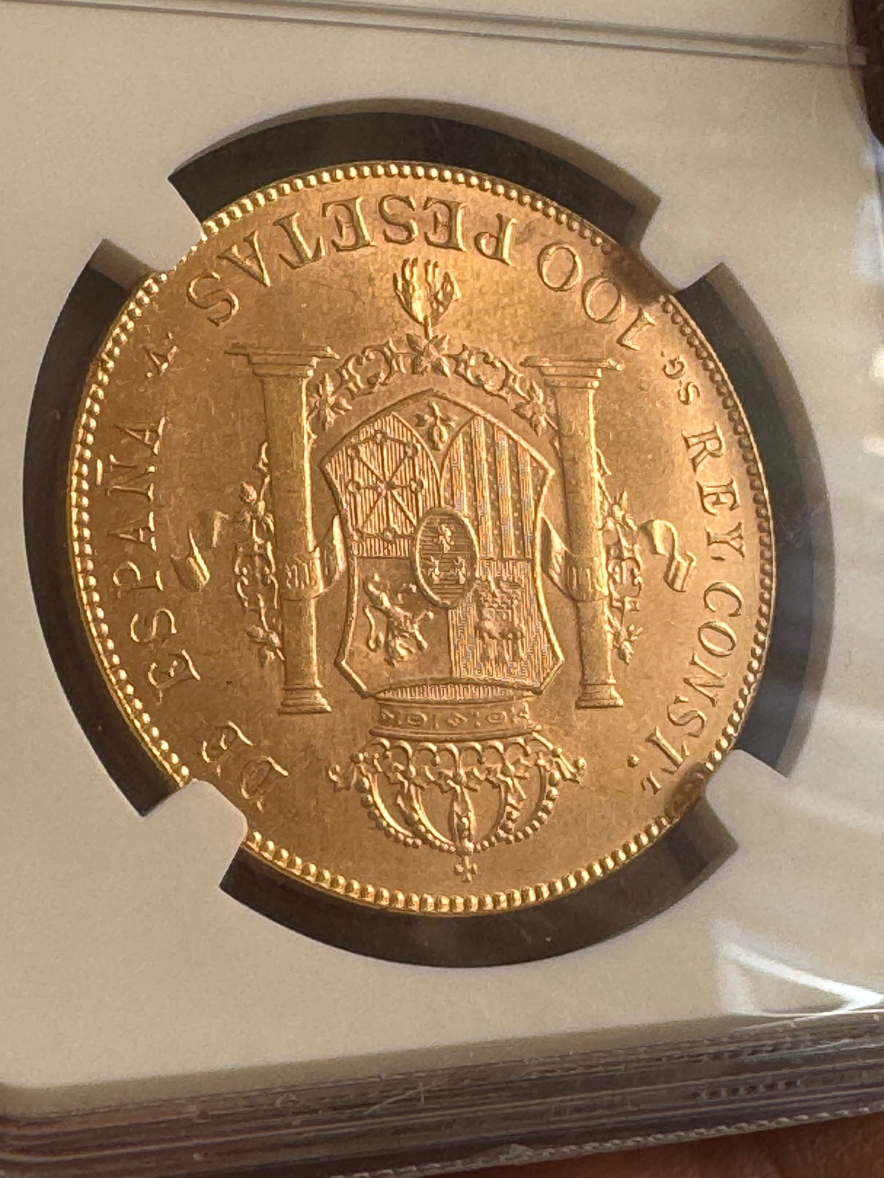 Рядка Златна Монета 100 Песети Испания 1962; NGC MS64;