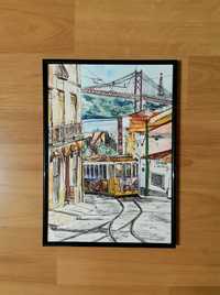 Tablou pictura manuala A4 - peisaj urban citadin Lisabona, Portugalia
