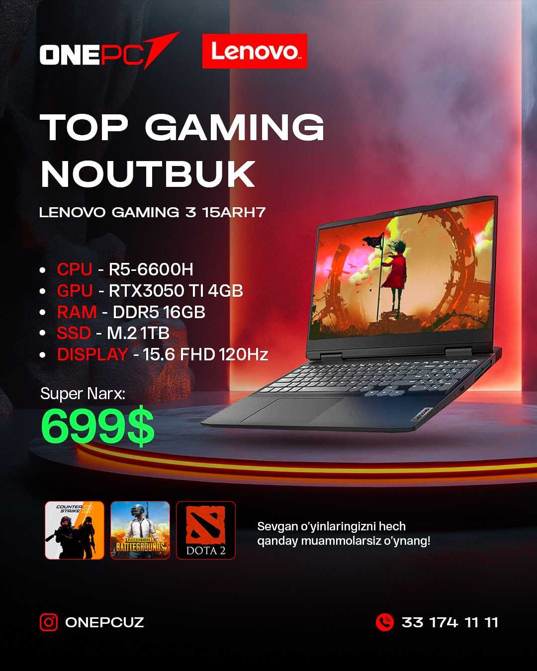 [Новый] Ноутбук LENOVO GAMING 3 R5-6600H/RTX3050TI(Форма оплаты ЛЮБАЯ)