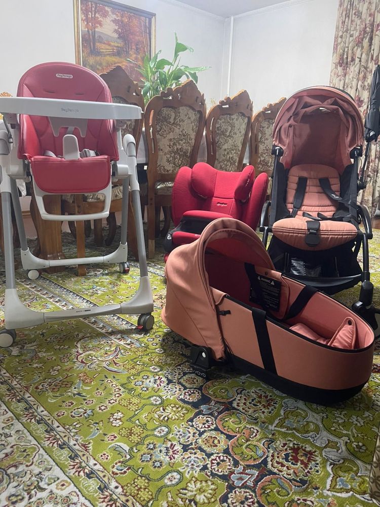 Коляска yoyo с люлькой, автокресло cybex, стульчик pegprego