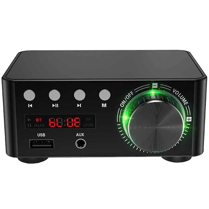 Amplificator audio HIFI, 2x50W(100W) suport USB, card TF, RCA, AUX,nou