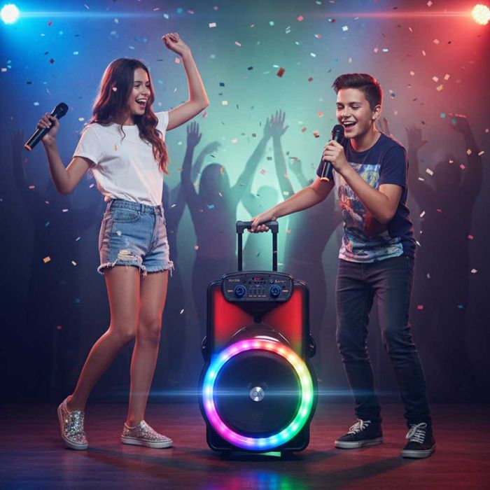 Караоке тонколона 12" BT-1218 с Bluetooth, цветомузика и 2 безжични ми