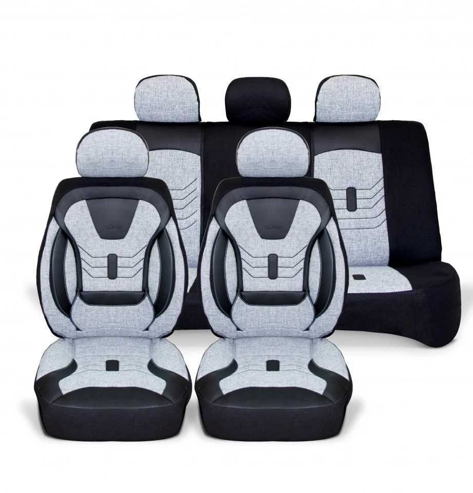 Huse scaune auto,material textil crem si piele ecologica neagra
