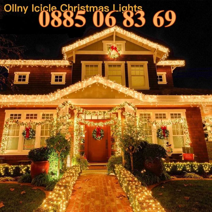 3 м Коледна завеса, коледни лампички, висулки, топло бяла светлина