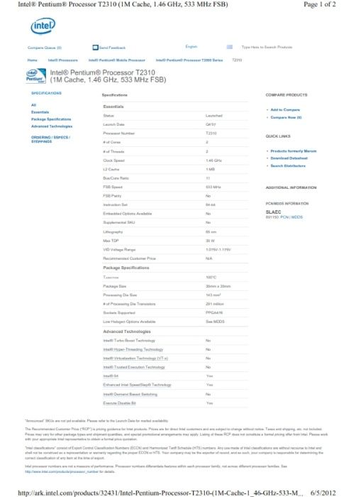 Procesor T2310 dual core 1.46 GHz