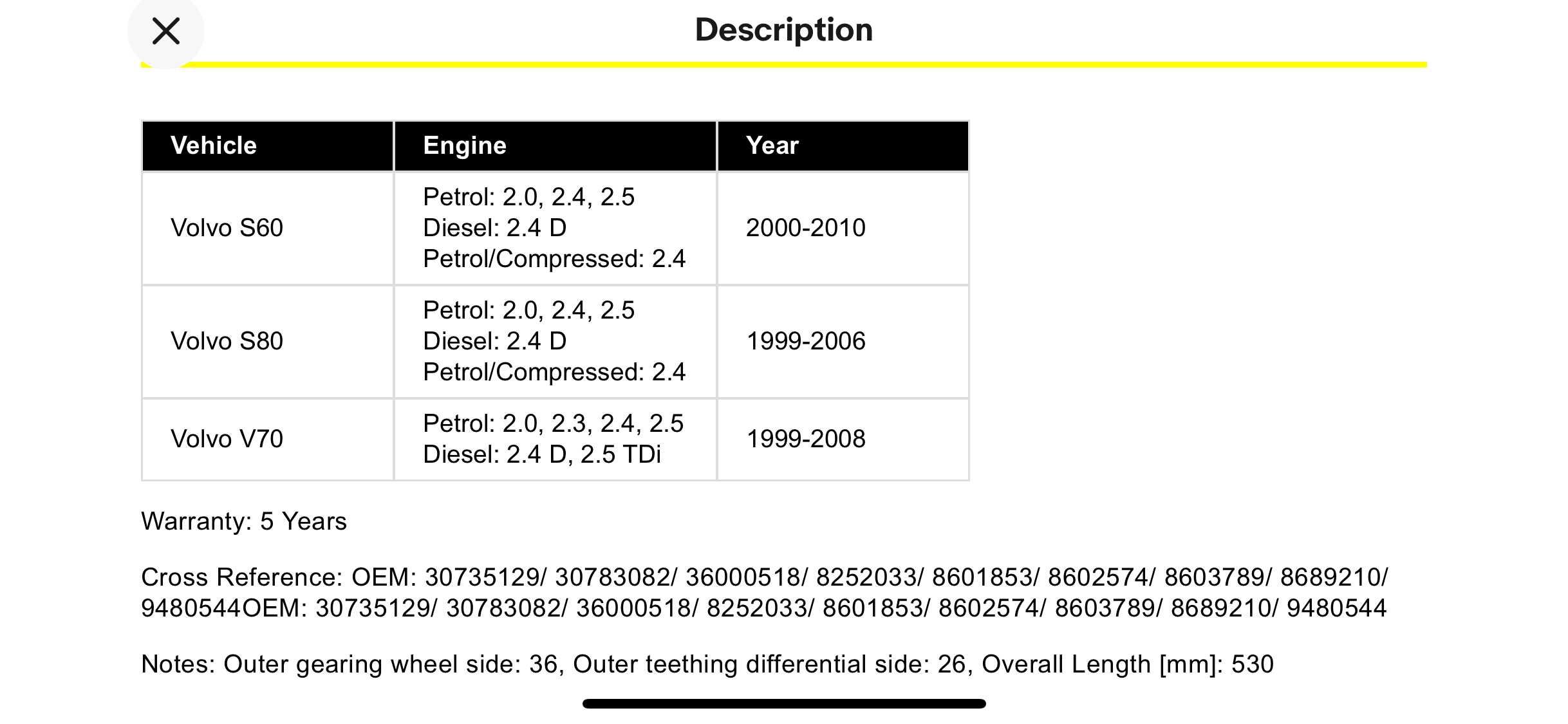 Продавам лява полуоска за Volvo S70,V70