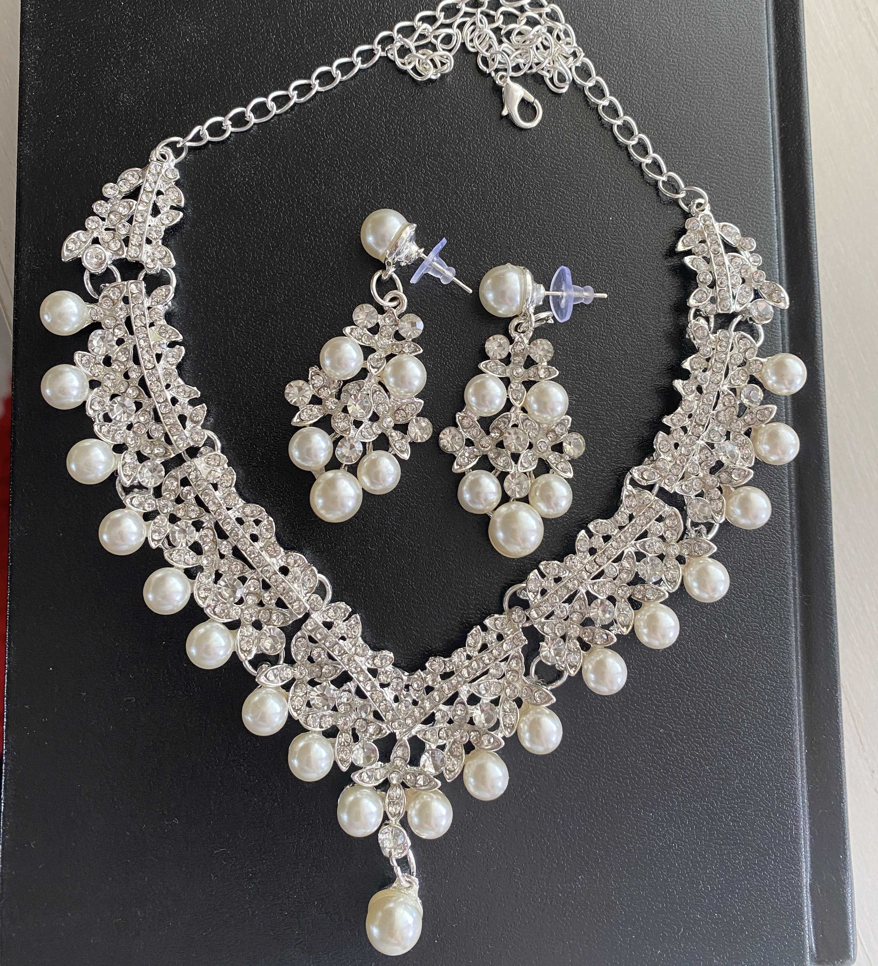 Set colier + cercei cu perle argintiu ocazie nunta mireasa