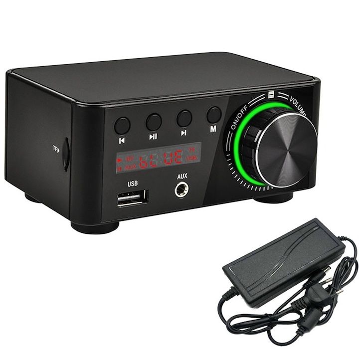 Amplificator audio HIFI, 2x50W(100W) suport USB, card TF, RCA, AUX,nou