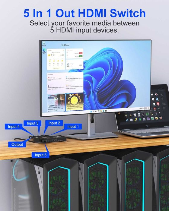 HDMI Splitter 8K 120Hz 5 in 1 cu telecomandă și suport HDR