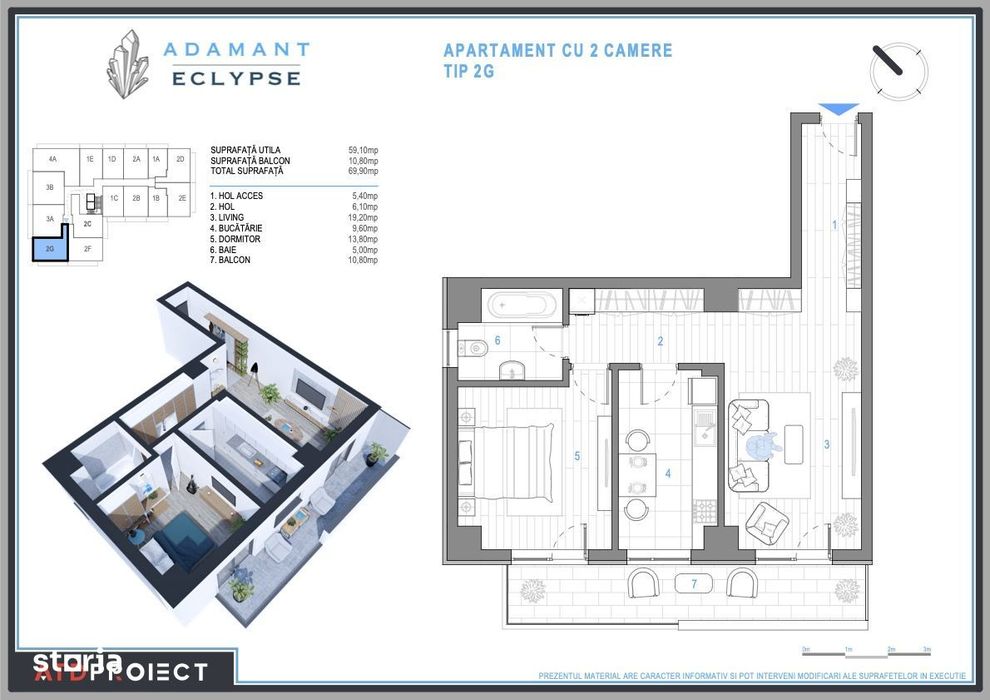 ADAMANT ECLYPSE, 2 camere decomandat, TIP 2G, 69.9mp