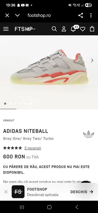 Adidas Niteball, Grey One/ Grey Two/ Turbo
Mărimea 42
Preț 280 le