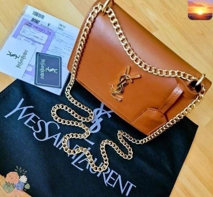 Geanta Ysl mini cognac,logo metalic auriu, etichetă, saculet inclus