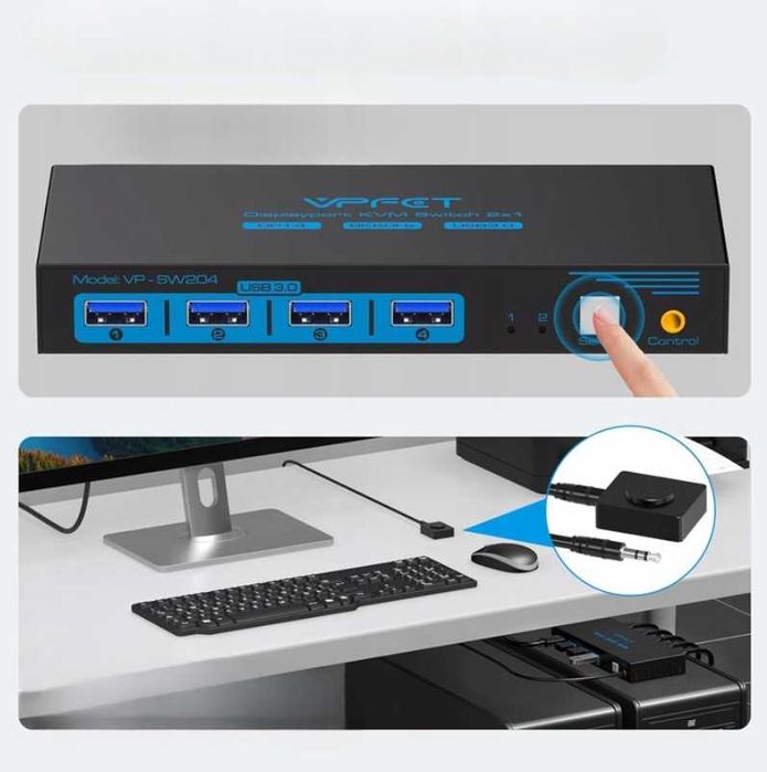 Switch Comutator KVM VPFET VP-SW204 8K60Hz DisplayPort USB3.0 2 PC-uri