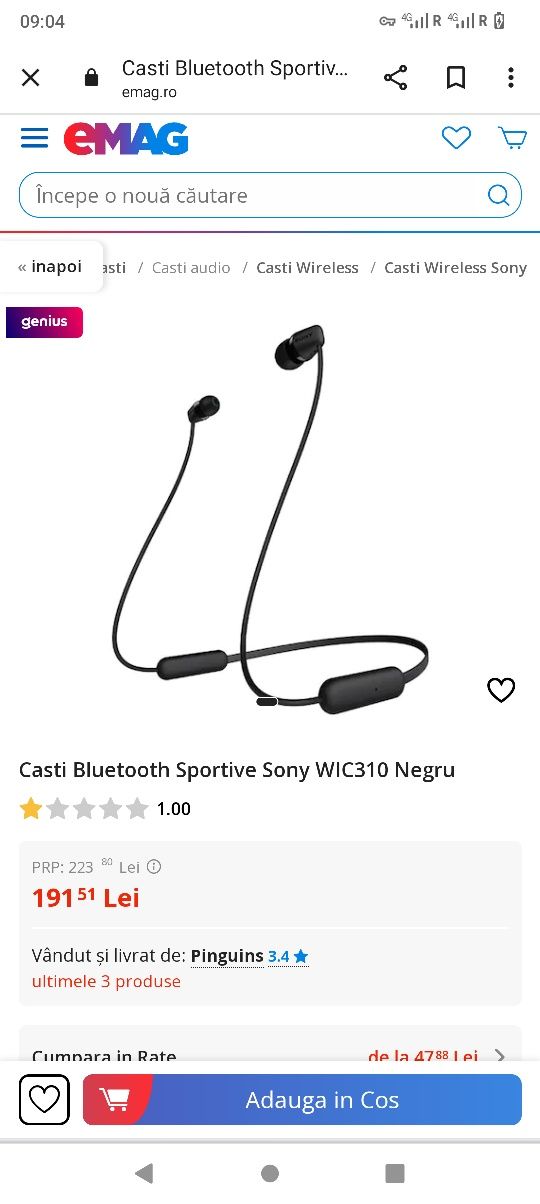 Casti Bluetooth Sportive de alergat Sony WIC310 Negru