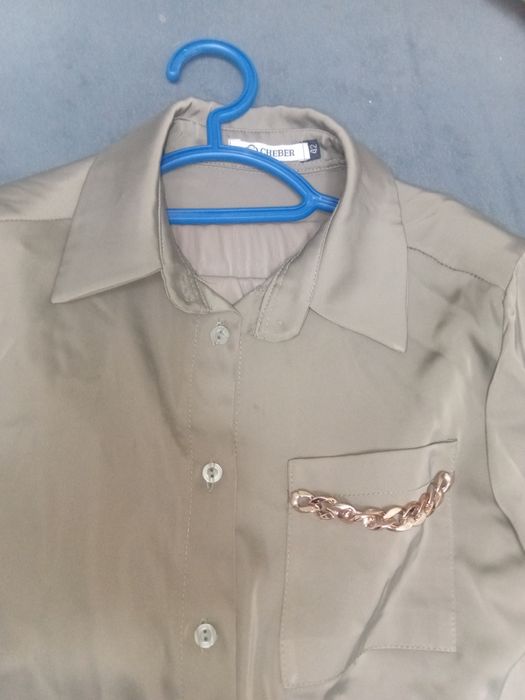 Костюм атлас рубашка, эко кожа брюки