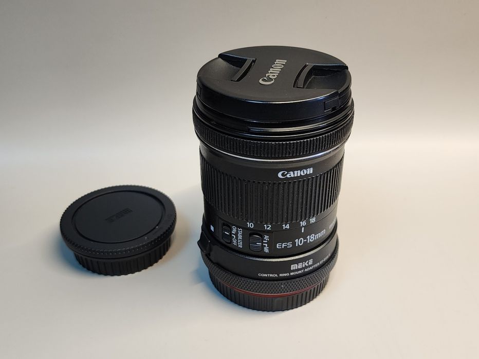 obiectiv Canon EF-S 10-18mm, opțional adaptor EF-RF Meike control ring