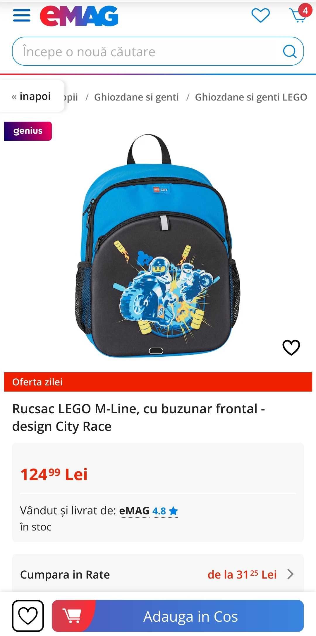 Ghiozdan Rucsac LEGO M-Line cu buzunare City Race NOU motocicleta